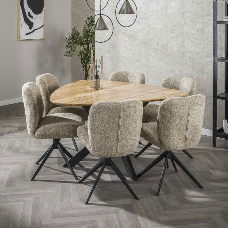 M&S – Ensemble table organique 135 cm + 6 chaises pivotantes en tissu bouclette sable – Plateau en bois d'acacia – Piètement métal noir