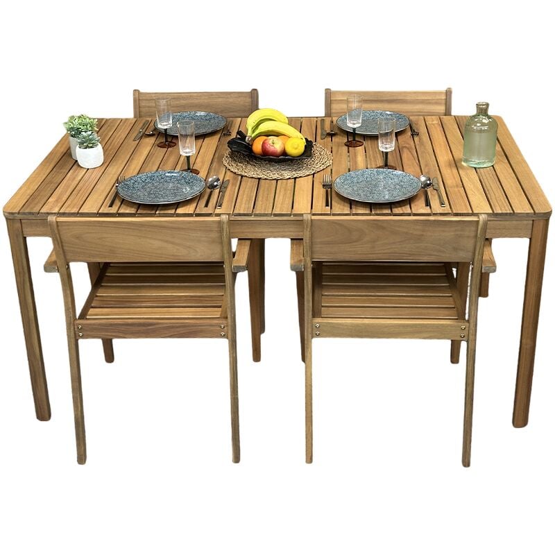 Ensemble table ORIA en bois d'acacia FSC 160 cm et 4 fauteuils de jardin - Bois
