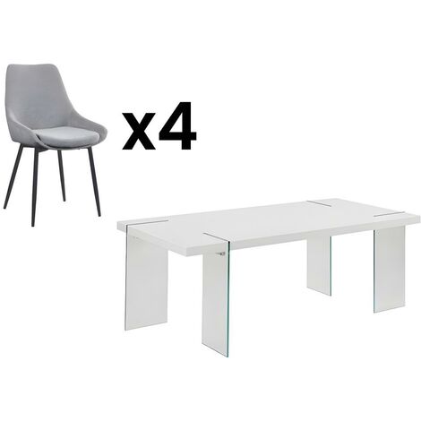 GOLDFAN Ensemble Table et 4 Chaises Salle Manger Table et 4 Chaises  Rectangulaire Table à Manger en Verre Chaise en Tissu,Gris