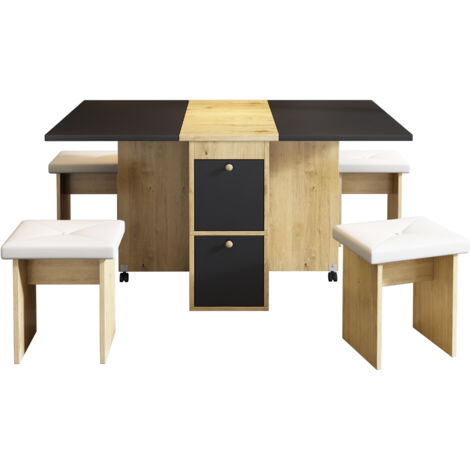 Ensemble table pliante 4 chaises blanc, chêne et noir — design polyvalent et gain d'espace
