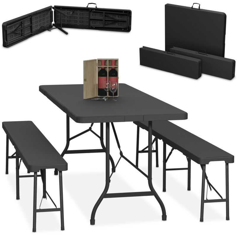 Ensemble table pliante et 2 bancs, pour jardin, pavillon ou camping, 180 cm, pour les fêtes, noir - Relaxdays
