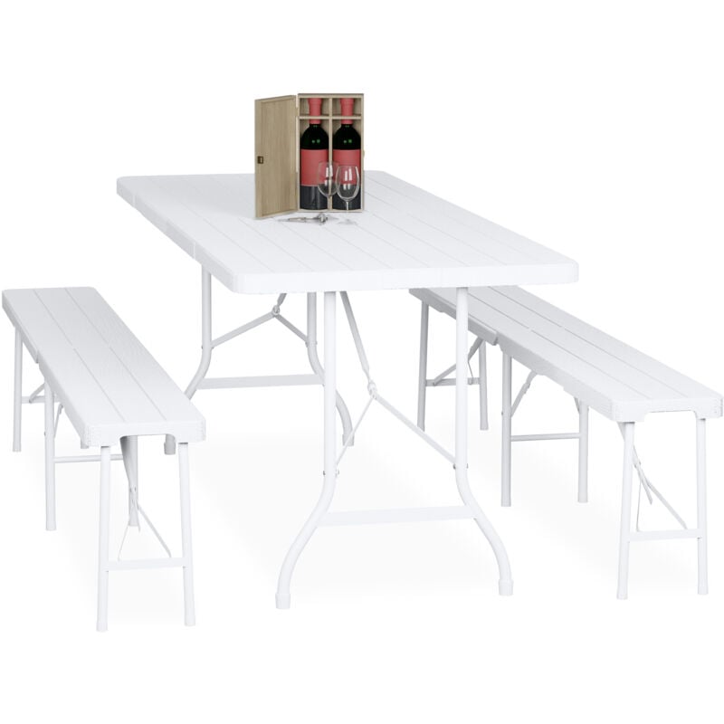 Ensemble table pliante et 2 bancs, pour jardin, pavillon ou camping, effet bois, 180 cm, blanc - Relaxdays