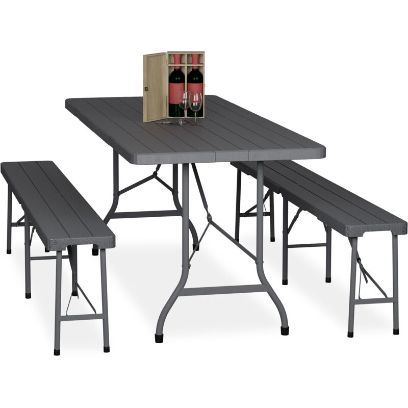 Ensemble table pliante et 2 bancs, pour jardin, pavillon ou camping, effet bois, 180 cm, gris - Relaxdays