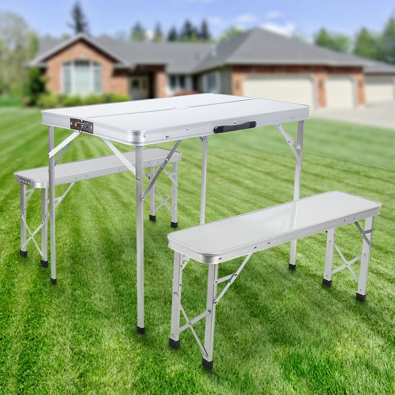 Ensemble Table Pliante Valise, en Aluminium avec 2 Bancs, pour L'extérieur, Camping, Pique-Nique, Barbecue, Argent