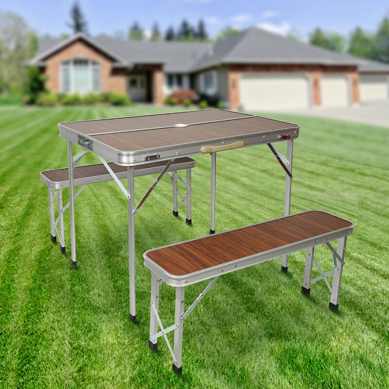 Ensemble Table Pliante Valise, en Aluminium avec 2 Bancs, pour L'extérieur, Camping, Pique-Nique, Barbecue, Marron