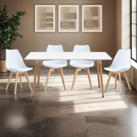 Ensemble table rectangulaire de repas + 4 chaises blanches - SCANDI
