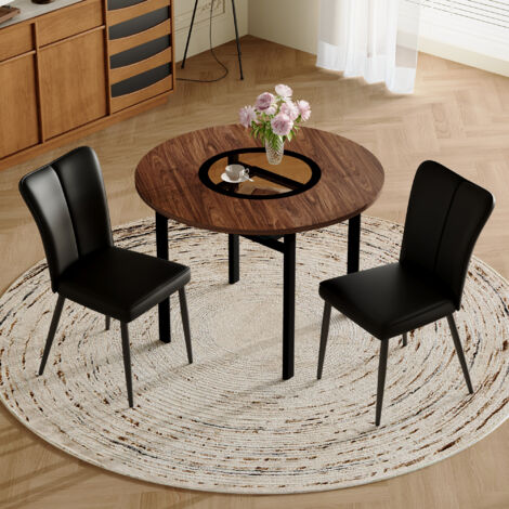 Ensemble table ronde 100 cm + 2 chaises PU noir, table à manger moderne effet bois cuisine compacte