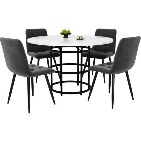 Ensemble table ronde 100cm (5 pièces) - Plateau MDF blanc + 4 chaises velours gris - Cuisine/salle à manger