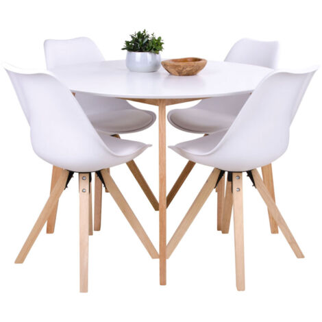 Ensemble table ronde 105 cm et 4 chaises en PU blanc - KONGAS
