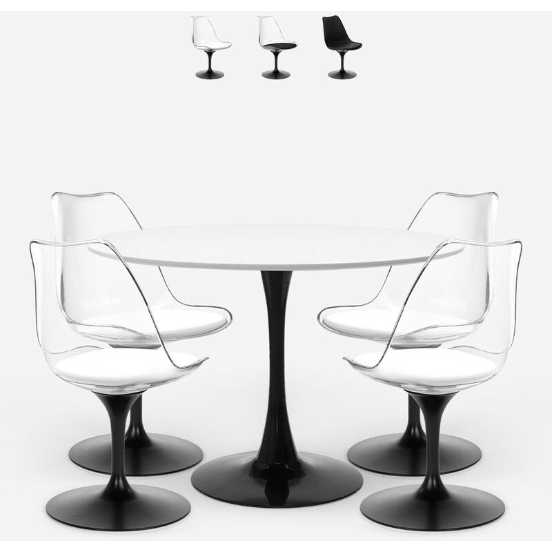 Table ronde 120cm + 4 chaises Tulipan polycarbonate blanc noir Crayon+ Couleur: Transparent - Blanc