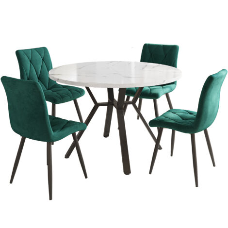 Ensemble Table Ronde 5 Pièces 100 Cm Mdf Marbre Blanc, Pieds Métal Noir Et 4 Chaises Velours Vert
