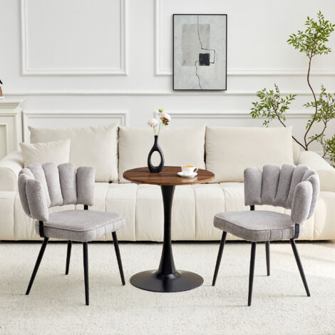 Ensemble table ronde 60 cm avec 2 chaises de salle à manger, dossier pétale, MDF noyer et métal noir, tissu lin gris clair