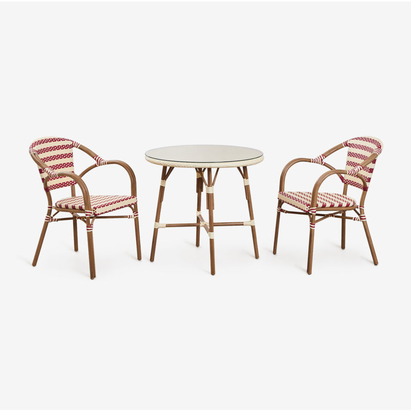 Ensemble table ronde Ø80 cm Brielle Bistro et 2 chaises avec accoudoirs en rotin synthétique et aluminium Solange Bistro Sklum Beige Crème - Rouge