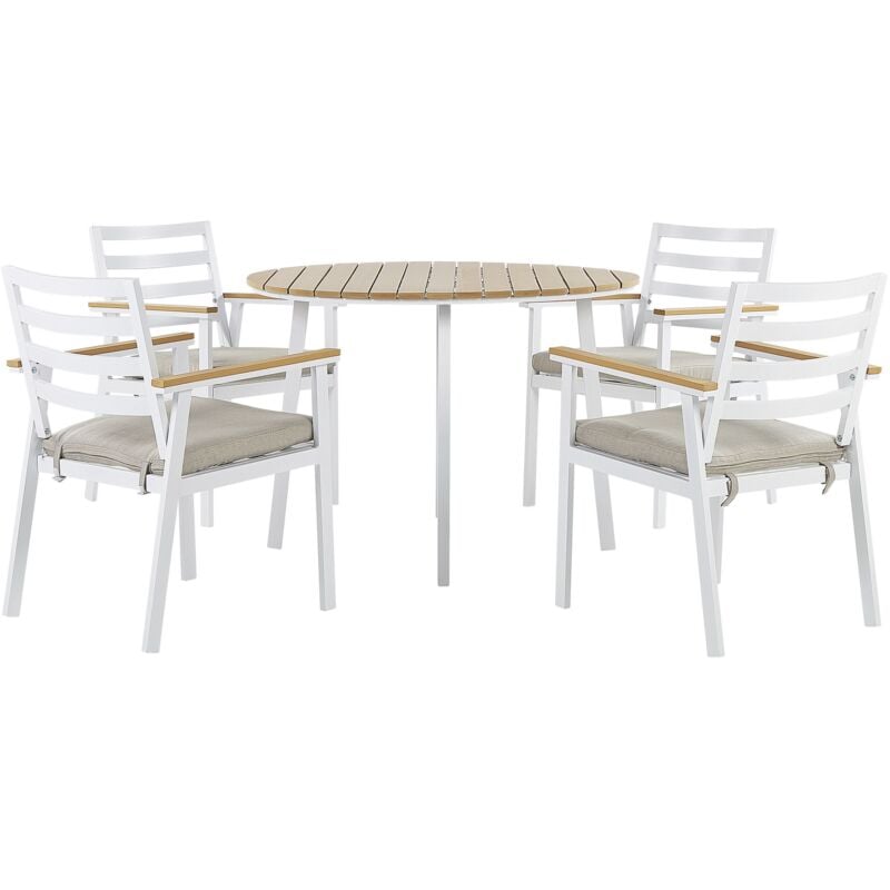 Ensemble de Salle à Manger de Jardin Blanc avec Coussins Beiges Table en Aluminium 4 Chaises Cavoli