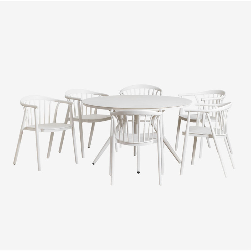 Ensemble table ronde en aluminium Valérie (Ø125 cm) et 6 chaises de jardin ivoire Sklum Blanc Gardenia