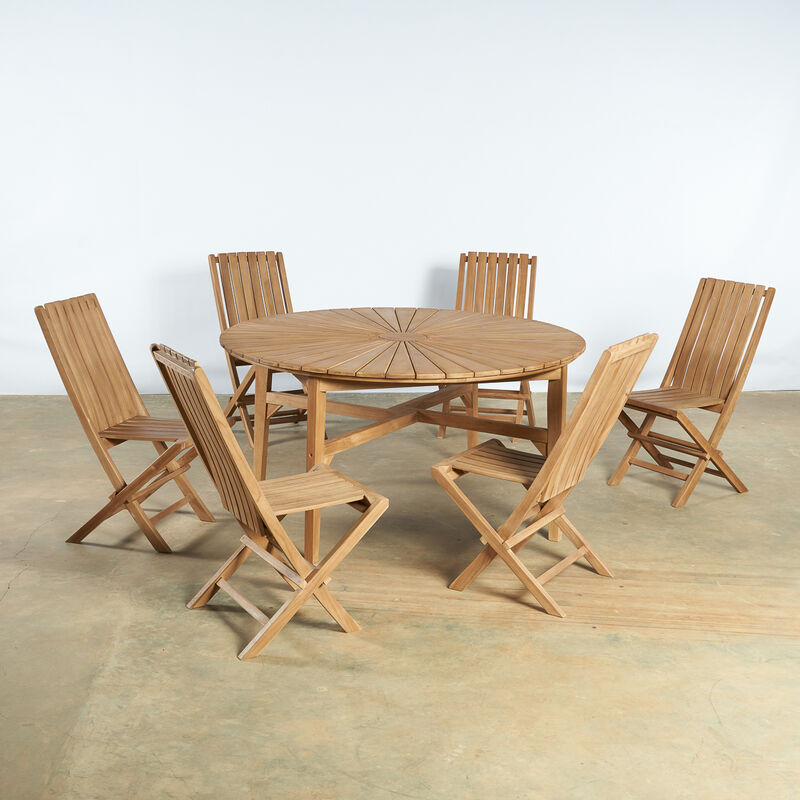 Wanda Collection - Ensemble table ronde en teck et 6 chaises pliantes - Naturel