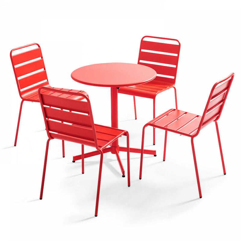 Oviala - Ensemble table de jardin ronde et 4 chaises rouge - Palavas - Rouge