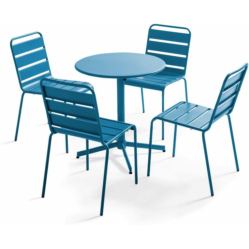 Ensemble table de jardin ronde et 4 chaises bleu pacific - Palavas