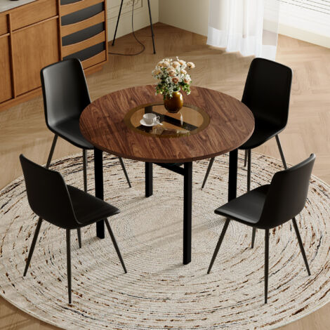 Ensemble table ronde minimaliste moderne (avec compartiment de rangement intégré et 4 chaises en polyuréthane noir), table ronde de 100 cm de diamètre aspect bois brun, convient aux salles à manger.
