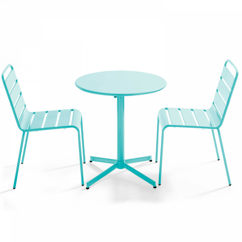 Oviala - Ensemble table de jardin ronde et 2 chaises métal turquoise - Palavas