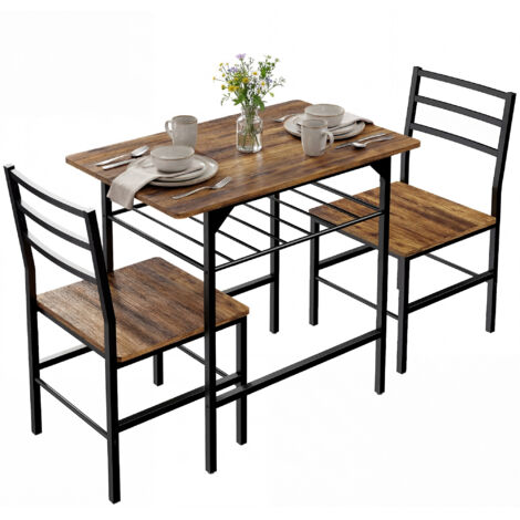 Ensemble table salle à manger 2 chaises, table cuisine pour 2 personnes, cadre métal, marron