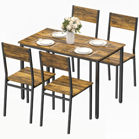 Ensemble table salle à manger avec 4 chaises, table de cuisine pour 4 personnes, pieds métalliques, brun rustique