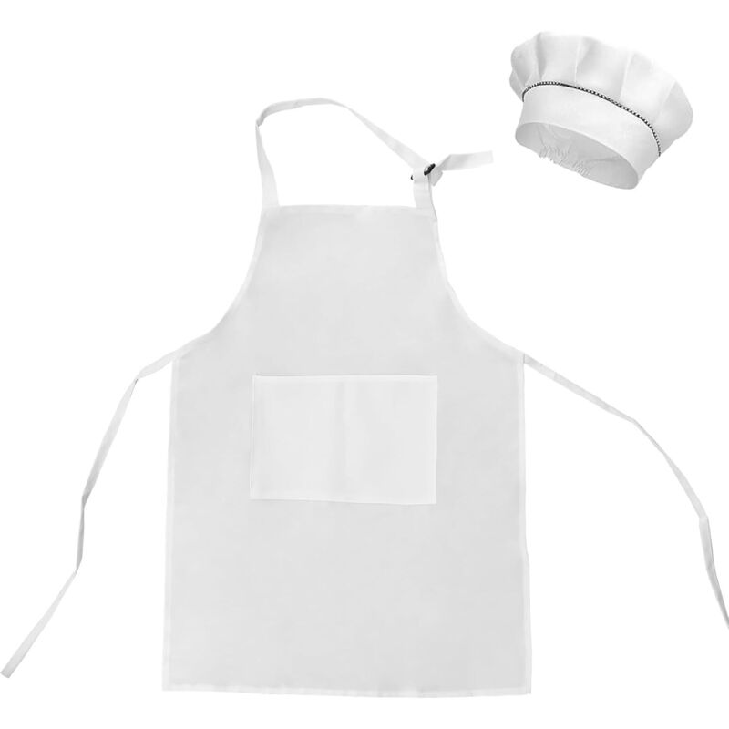 Tablier + toque chef réglables taille L – blanc, 2 poches, usage cuisine/pâtisserie/manuels – 7 à 13 ans
