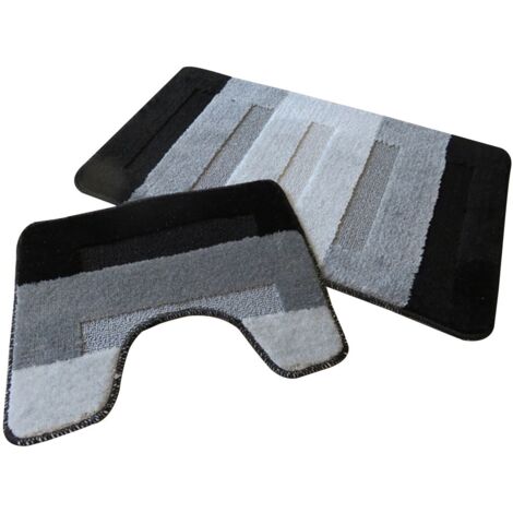 Ensemble tapis salle de bain et WC rayé noir - CaliCosy