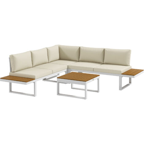 Ensemble terrasse : 2 canapés doubles, 1 canapé d'angle inclinable, 1 table basse, coussins crème
