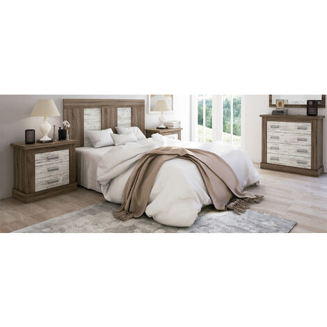 Ensemble tête de lit + 2 tables de chevet + commode coloris Chêne truffé,blanc vieilli -PEGANE-