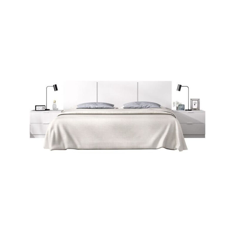 1000brico - Ensemble tete de lit en 3 parties + 2 tables de nuit avec 2 tiroirs - havana - Blanc - 256,8 x 34,2 x 96 cm