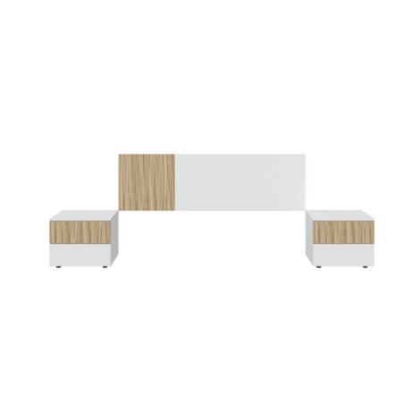 Ensemble tête de lit et tables de chevet pour lit double – Panneaux mélaminés blanc Artik et naturel – Dimensions tête de lit L 166 x H 50 cm – Fores