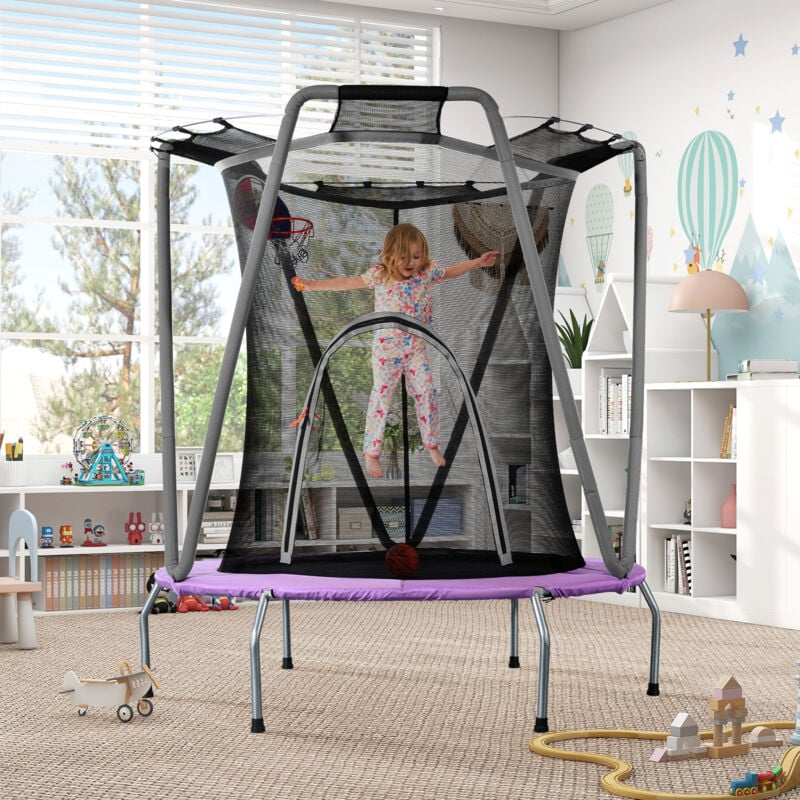 Keepbuying - Ensemble Trampoline de Jardin pour Enfants,Rond en Acier Galvanisé,147xH157cm,Jeux Intérieur/Extérieur avec Panier Basket-ball,Charge