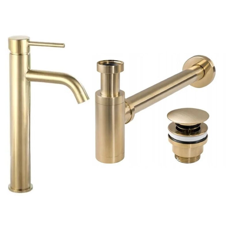 Ensemble trois pièces robinet siphon d'évier or mat