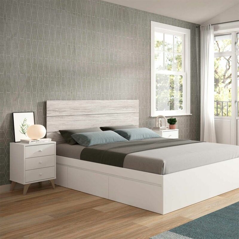 Tête de lit chambre vintage pas cher + 2 tables de nuit 240 cm (largeur) x 101 cm (hauteur) x 33,5 cm (profondeur) - Artik Blanc - Velho Blanc