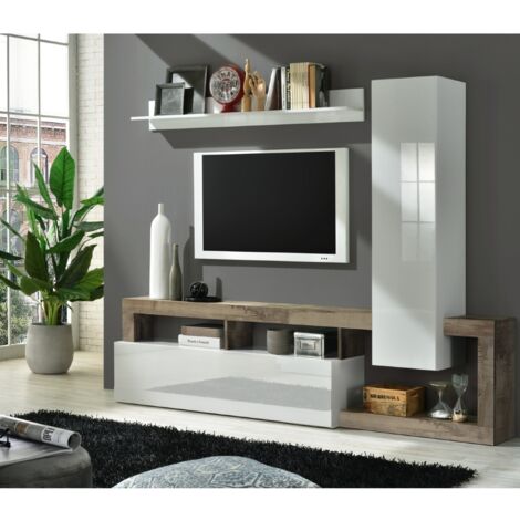 Ensemble tv mural laqué blanc et bois naturel 220cm GAMA