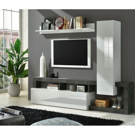 Ensemble tv mural laqué blanc et gris anthracite 220cm GAMA