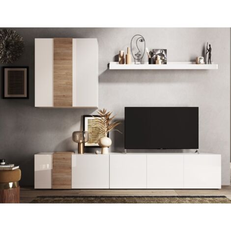 Ensemble TV mural moderne bois et blanc 300cm SIA