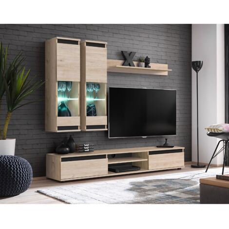 Ensemble TV mural moderne bois et noir avec vitrines OUDINI