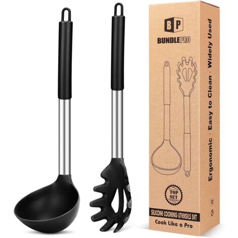 Ensemble Ustensiles Cuisine - 2 Pièces - Silicone Acier Inox - Antiadhésif Résistant Chaleur - Pâtes Soupe Sauce - Noir