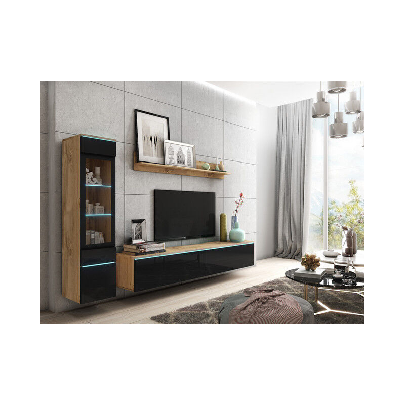 Ensemble de meubles de salon vera i, ensemble de meubles de salon, éclairage led inclus, couleur wotan/noir brillant