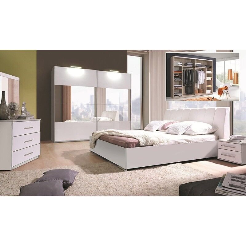 Ensemble VERONA blanc brillant lit design en simili cuir blanc 180 x 200 cm avec option coffre , 2 chevets et 1 armoire. - Blanc