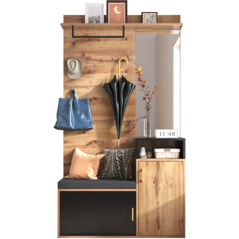 Ensemble Vestiaire 191,5x105x40 Cm Noir Et Bois – Miroir Intégré, Banc Et Rangement Chaussures