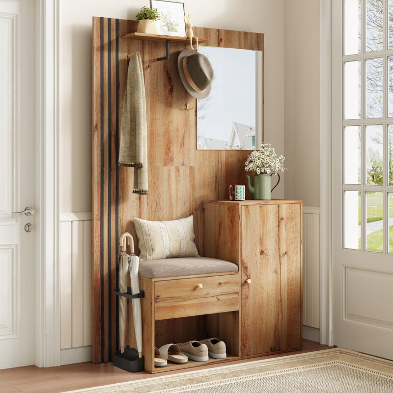Ensemble vestiaire d'entrée 115x37x185 cm - Avec miroir et crochets - Acec siège rembourré - Porte-parapluie - Naturel