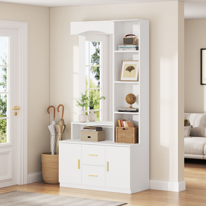 Ensemble vestiaire d'entrée 90x40x180cm - Avec meuble à chaussures et miroir - 2 tiroirs et 2 portes - Avec étagères - Blanc