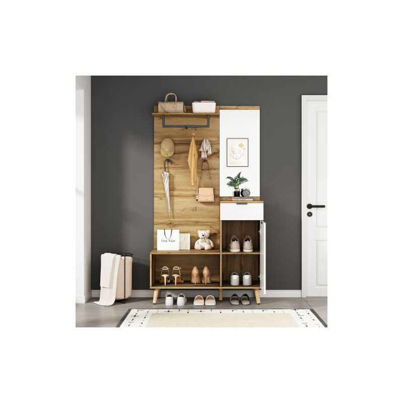 Ineasicer - Ensemble vestiaire multifonctionnel en bois de 190 cm de haut avec miroir, banc à chaussures, armoire à chaussures, tiroir, étagère et