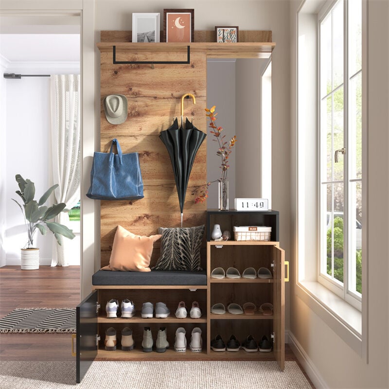 Ensemble vestiaire - porte-manteau mural avec 4 patères, miroir, armoire à chaussures - 105x40x191.5cm - Noir