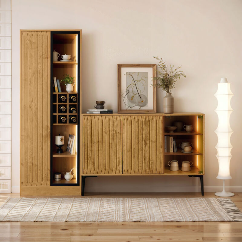 Wishdor - Ensemble vitrine et buffet, vitrine led avec portes vitrées, pour salon, salle de bain, naturel