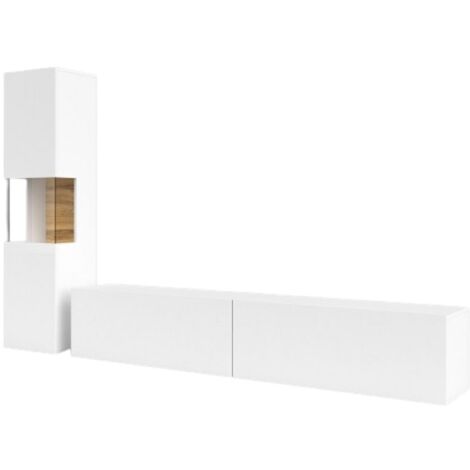 Ensemble vitrine et meuble TV collection EVA. Couleur blanc et chêne.