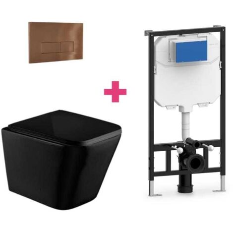 Ensemble WC suspendu PISA en céramique noir mat avec réservoir et bouton de chasse d'eau Cuivre rectangulaire